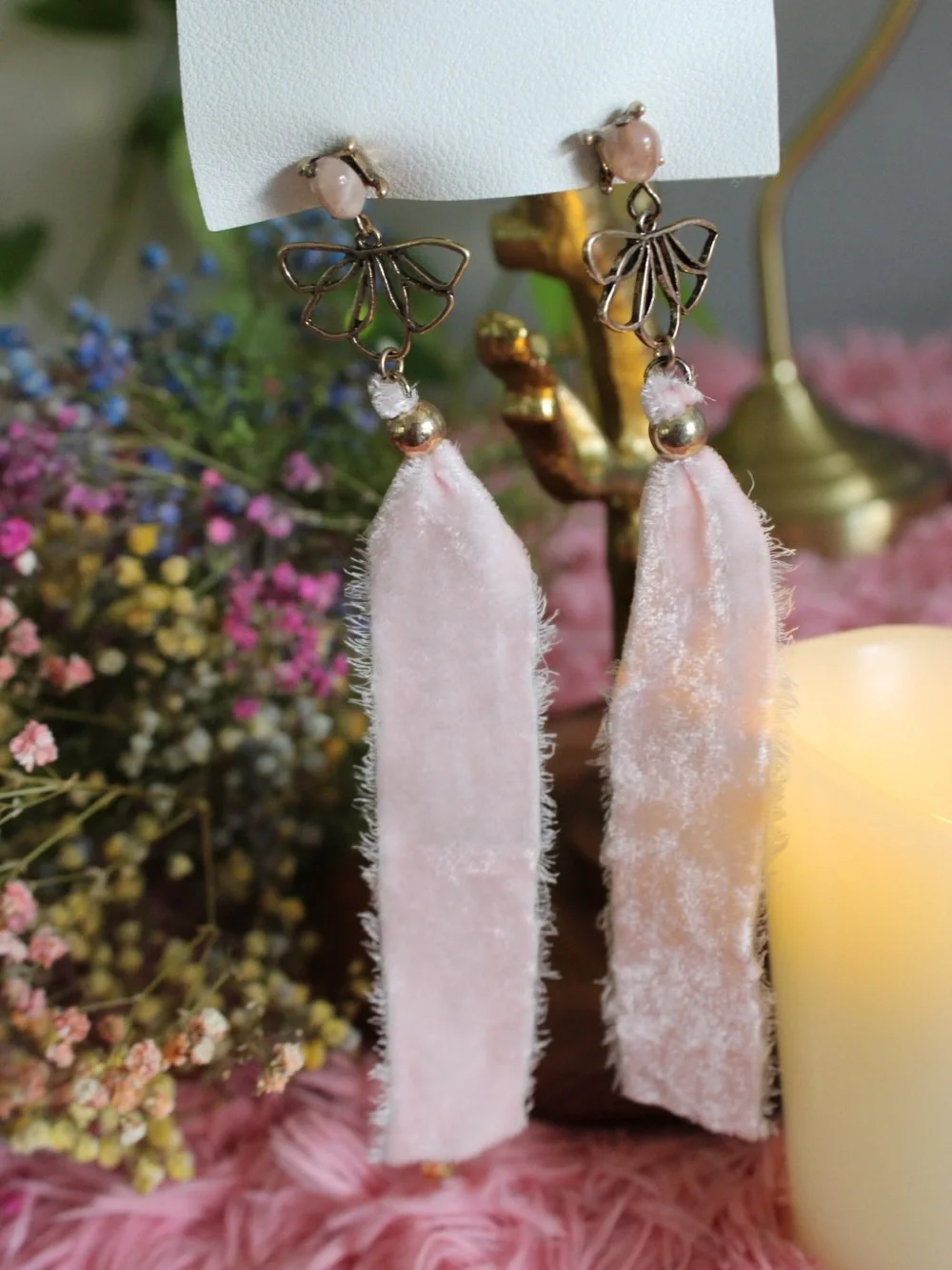 Free People Pink Velvet Ribbon Floral Dangle Statement Earrings